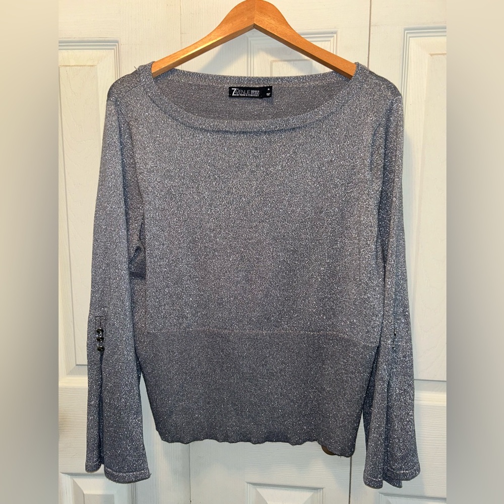 New York & Co. Metallic Silver Gray Women’s Long Flared Sleeve Holiday Top| XL